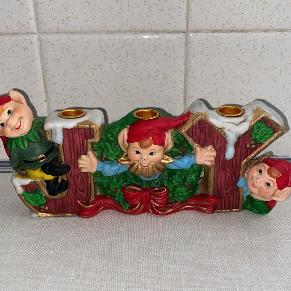 Robel Hall JOY Pixie Elf Trio Christmas Candle Holder Hand Painted 7" Vintage - Picture 11 of 11